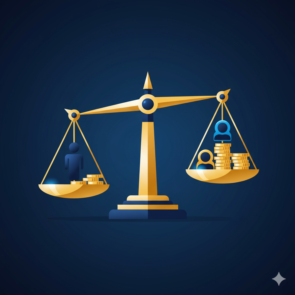 Balança da justiça equilibrando dois jogadores, simbolizando como o RGN garante igualdade e justiça nos cassinos