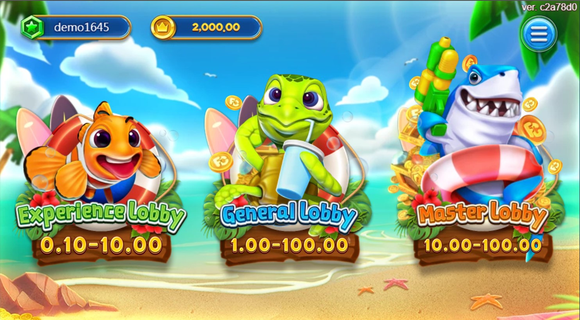 Tela de menu do jogo Fierce Fishing no Royal Cassino exibindo três opções de salas: Experience Lobby (apostas de 0.10 a 10.00) com um peixe-palhaço, General Lobby (apostas de 1.00 a 100.00) com uma tartaruga, e Master Lobby (apostas de 10.00 a 100.00) com um tubarão azul armado.